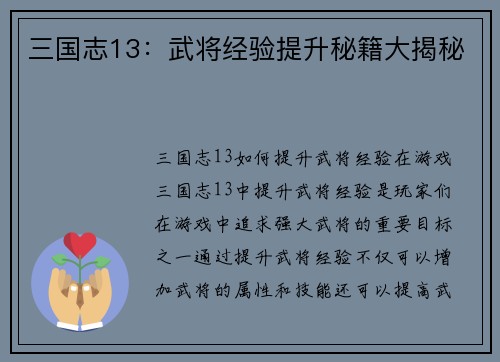 三国志13：武将经验提升秘籍大揭秘