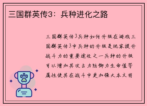 三国群英传3：兵种进化之路