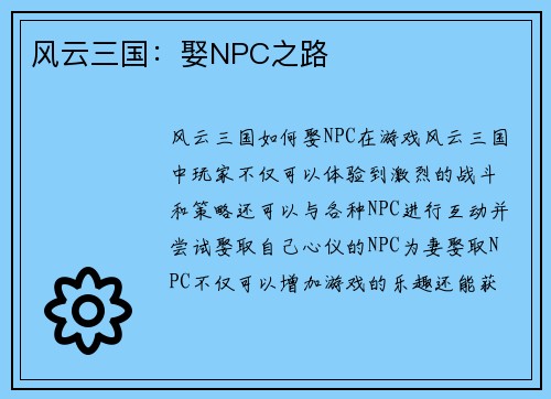 风云三国：娶NPC之路